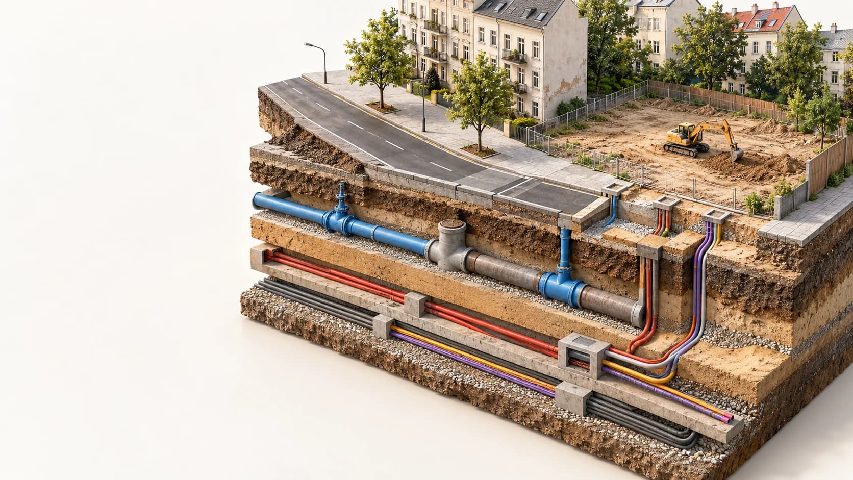 Schnittbild einer Grundstückserschließung mit Straße, Leitungen und Baufeld.