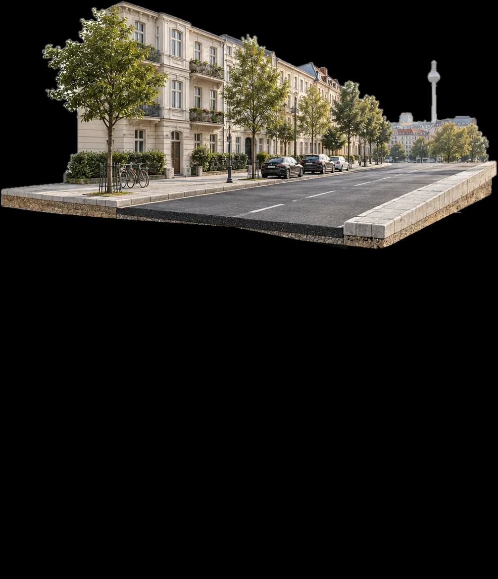 Schnitt durch eine Berliner Straße: Oberfläche, Tragschicht, Boden, Kanal und Leitungen.