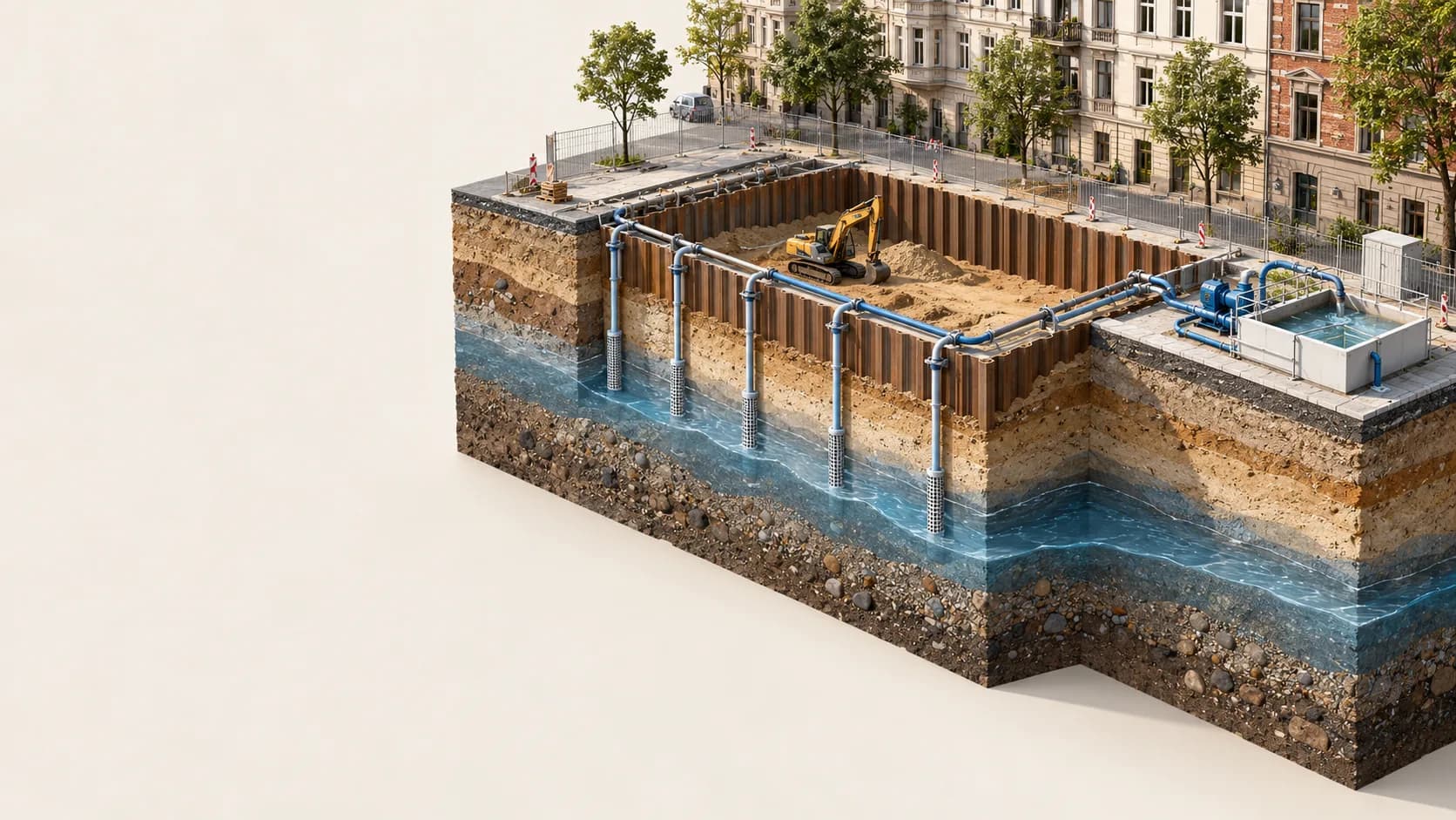 Schnittbild einer Baugrube mit Wasserhaltung und Grundwasserspiegel.